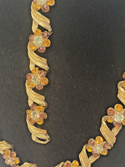 Vintage Signed Karu Yellow & Brown RS Gold Tone Etched Link Necklace & Bracelet