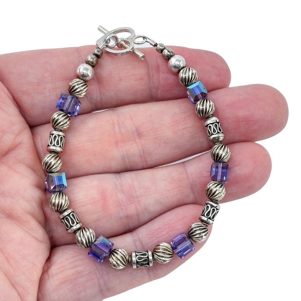 Vintage Sterling Silver 925 Iridescent Crystal Beaded Bracelet 7.5″