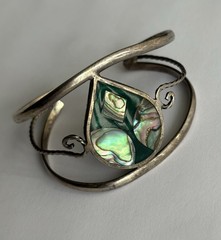 925 Sterling Silver Mother Of Pearl Enamel Cuff Bracelet Child 5.50in Mexico VTG