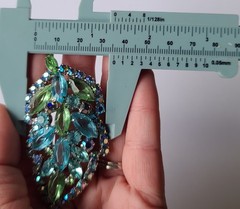 VTG MCM Aque Blue & Lime Green Rhinestone Leaf Brooch Pin (Some AB Finish)
