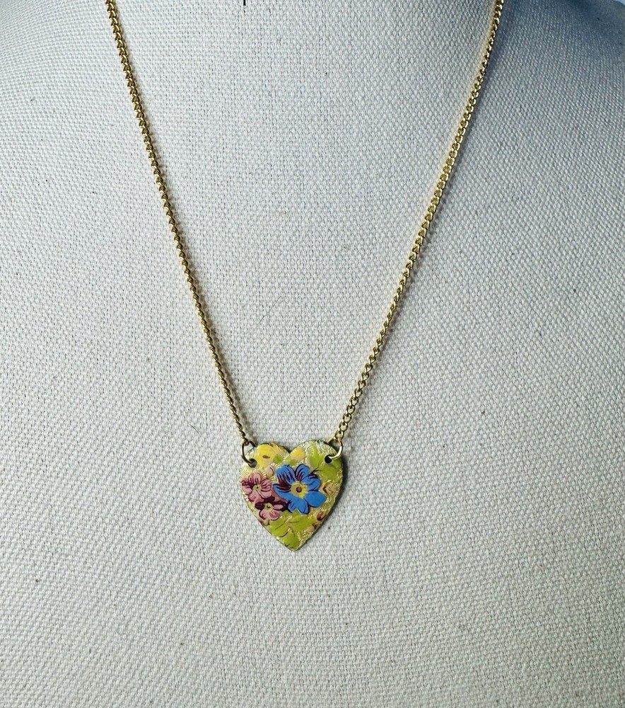 Vintage Hand Painted Floral Heart Necklace | Whimsical