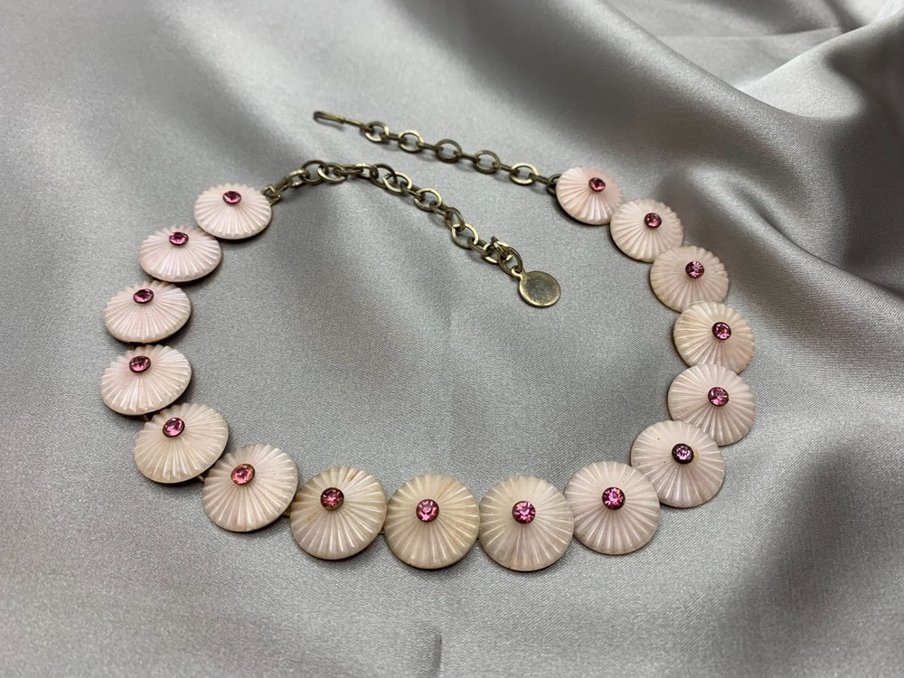 Unsigned Crown Trifari Parasol Necklace Pink Lucite Pink Rhinestones 1960s