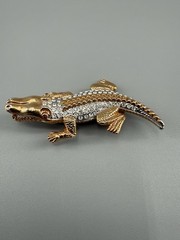 Vintage Gold Tone Alligator Crocodile Brooch Rhinestone Red Eyes Pin Open Mouth