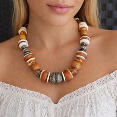 Moroccan Necklace, With Resin Copal, Enamel & Buffalo Horn Discs
