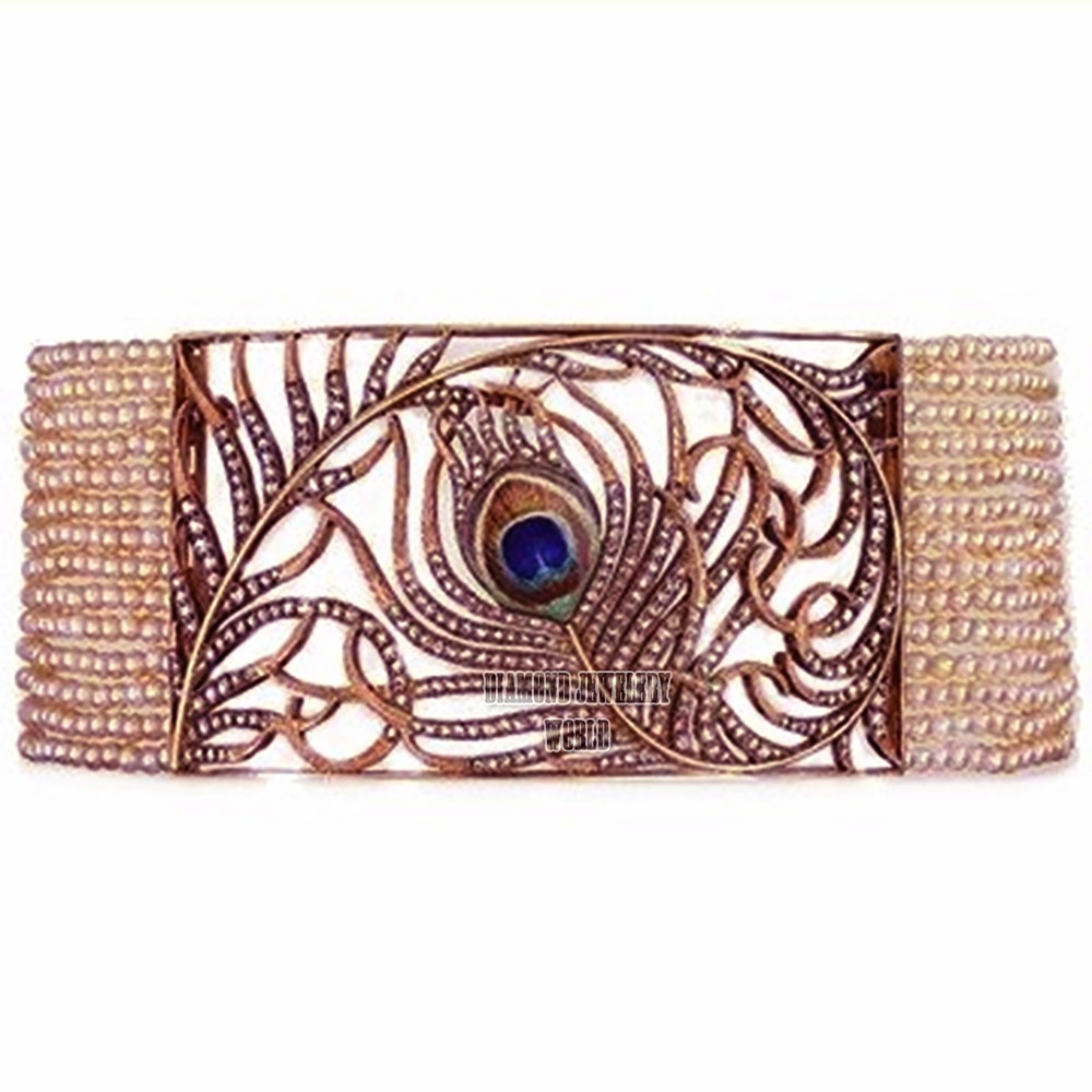 Stunning 4.51ctw Rose Cut Diamond Pearl Silver Vintage Peacock Bangle Bracelets
