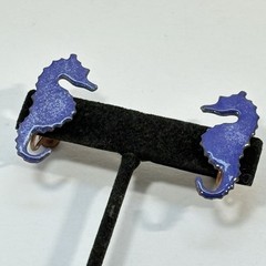 Copper Enamel Seahorse Earrings Vintage Artisan Blue Screw Back 1.5″