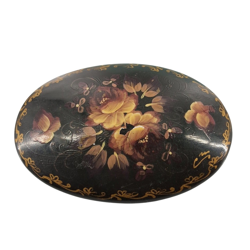 Vintage Russian Lacquer Brooch Hand Painted Black Gold Floral Oval Pin