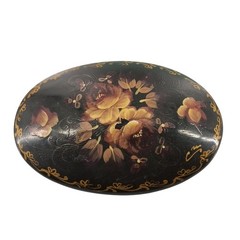 Vintage Russian Lacquer Brooch Hand Painted Black Gold Floral Oval Pin