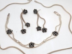 Vintage Set Necklace, Stud Earrings and Bracelet 925 Black Rose Ideal Gift