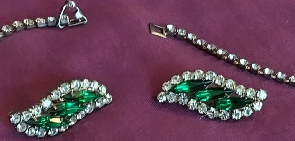Vtg necklace costume paste faux emerald diamond EARRINGS SET jewelry