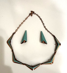 Vtg Matisse Renoir Copper Turquoise Enamel Geometric Necklace Clip On Earrings