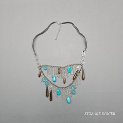 VTG Turquoise And Brown Crystals Silver Chains Leather Cord Necklace 30″ Long