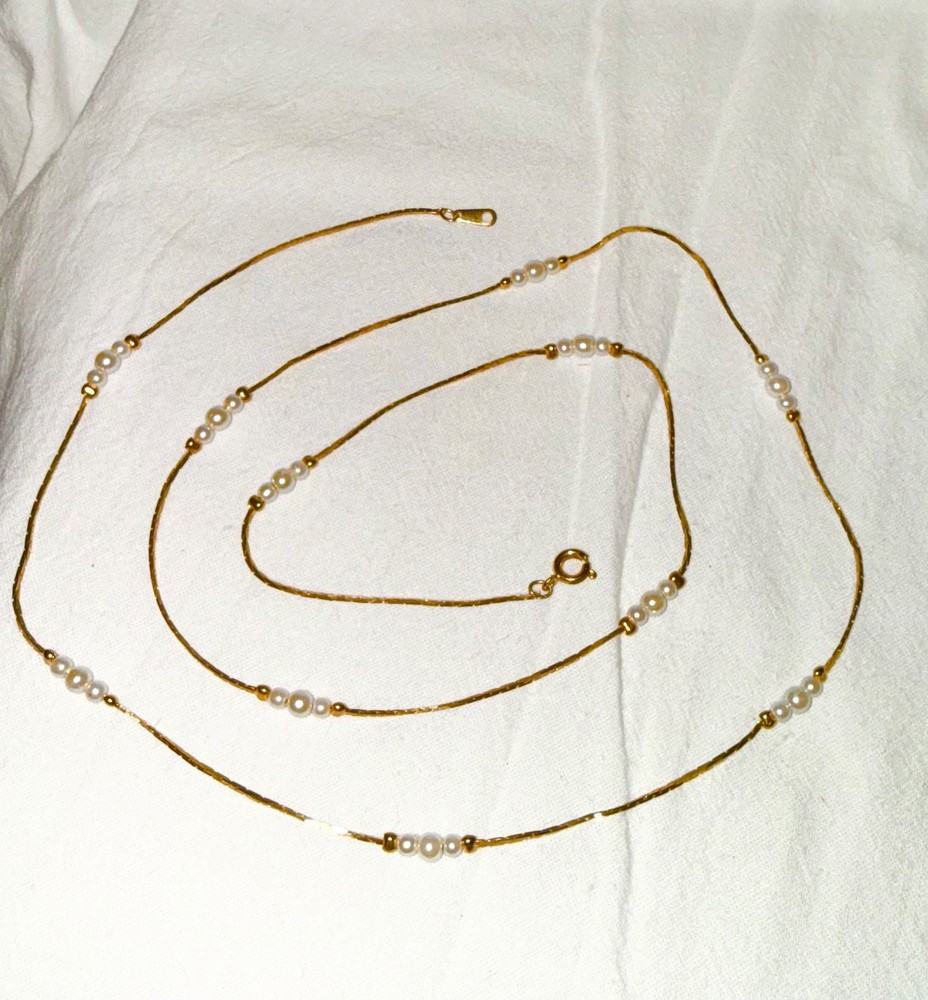 Vintage Signed Korea Gold Tone & Faux Pearls Station Dainty Necklace 29 in