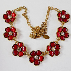ETC! Red Enamel Flower Necklace Floral Links Crystal Center Gold Tone Fashion