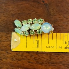 Vintage Opaline Glass & Aurora Borealis Rhinestone Clip Earrings Mid Century