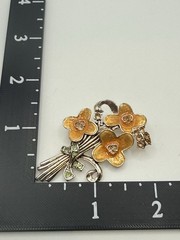 Vintage Pot Metal Brooch Flowers Orange Enamel Rhinestone