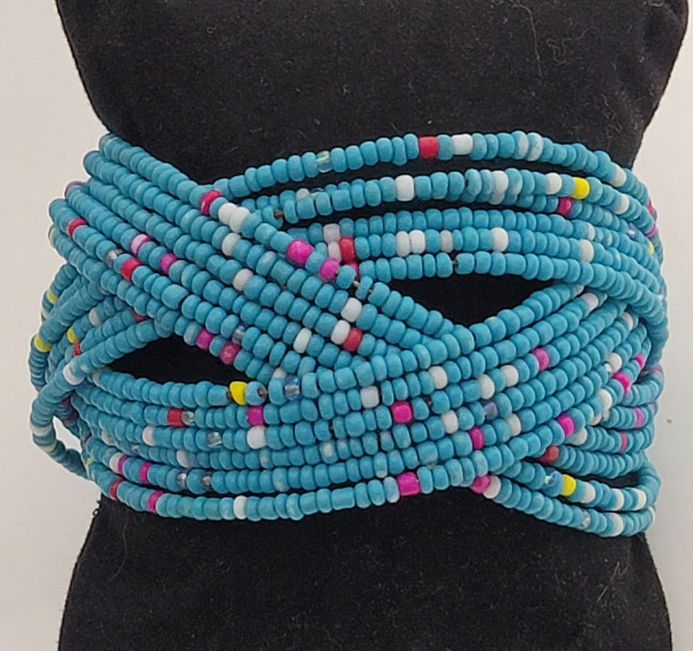 Wide Seed Bead Wrap Bracelet Open Cuff Blue Cultural Southwestern