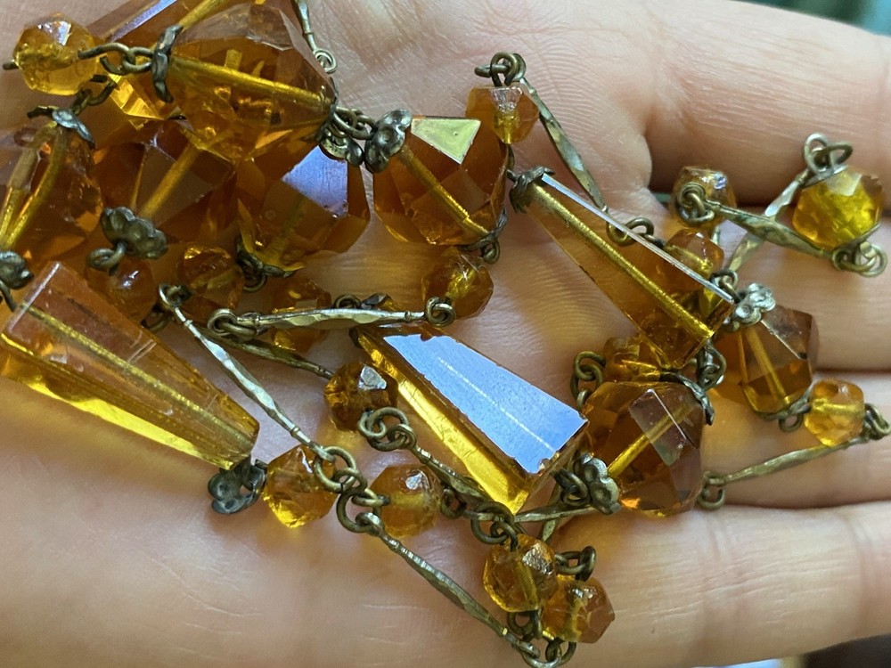 ART DECO Czech Cut Amber GLASS Bead Dangle Necklace Antique 20s Era Old Flapper