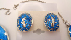 Vintage Sterling Silver Siam Niello Blue Enamel Necklace Brooch Clip Earring Set