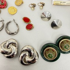 Vintage Earring Lot 14 Pairs Clip On Napier Silver Tone Red Enamel Faux Pearl