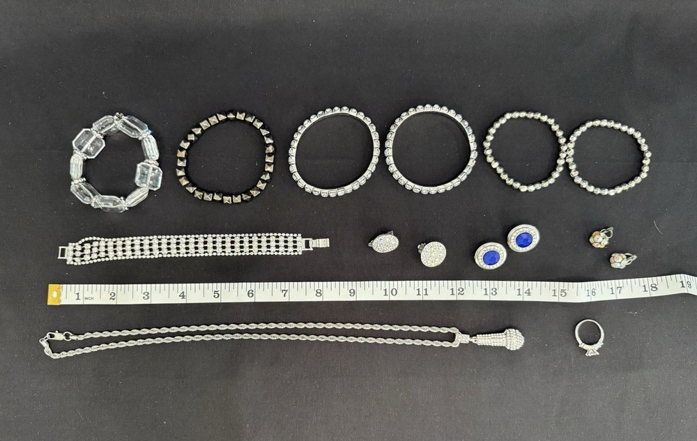 Vintage Silver Tone Rhinestone Bling Lot 15pc Y2K Microphone Necklace Ring 8.5
