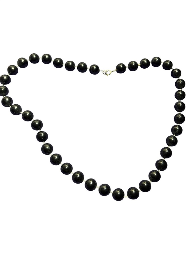 Vintage Black Plastic Beaded Necklace Silvertone Spring Ring Clasp 18 inches