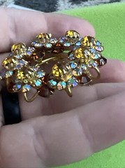 Vtg Austrain Crystal Brooch Pin Open Circle Aurora Borealis Yellow Cognac