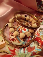 Vintage Vtg Wood Leather Plastic 3 Piece Bracelet Bangle Set Lot Brown JE08