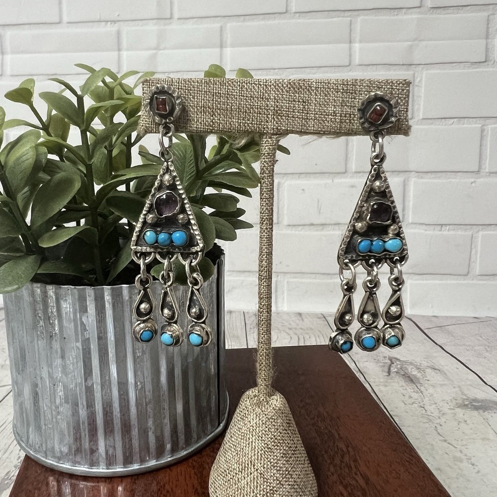 2 5/8″ MEXICO STERLING SILVER TURQUOISE CORAL AMETHYST CHANDELIER EARRINGS