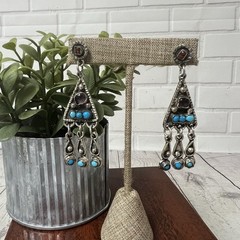 2 5/8″ MEXICO STERLING SILVER TURQUOISE CORAL AMETHYST CHANDELIER EARRINGS