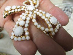 Gold and White BOW pin brooch Vintage MILK GLASS rhinestones