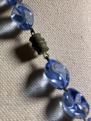 RARE ART DECO CZECH PRESSED GLASS BEAD NECKLACE C.1920 26” BLUE SWIRL