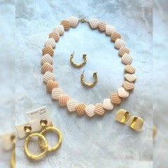Vintage 80s Necklace & Earrings Pastel Peach Ivory Acrylic Enamel Bamboo