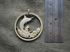 Blue Marlin QE II Bahamas 50 Cents Coin Vtg Two Tone 800 Silver Charm Pendant 6g