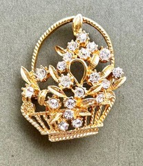 Vintage Rhinestone Brooch Pin Gold Tone Floral Basket Mint Condition