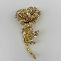 JOSE MARIA BARRERA Rose Huge Brooch Rhinestone Gold Tone Flower Vintage Pin 4.5″