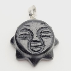 Obsidian Sun Face Black Carved Stone Silver Tone Bail Pendant Charm No Chain