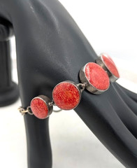 Vintage Stone Bracelet Sterling Silver 925 Composite Red Bezel Set Toggle 7-8″