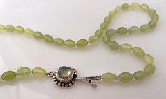 Vintage Green Prehnite Oval Bead Necklace Hand Knotted Sterling Clasp Prehnite