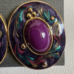 Vtg Casual Corner Purple Oval Cabochon Earrings Enamel Wearable Art Statement