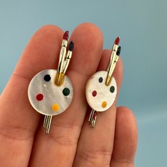 Vintage Artist Painter Pallet Earrings Lot MOP Multicolor Rhinestone Paint Brush