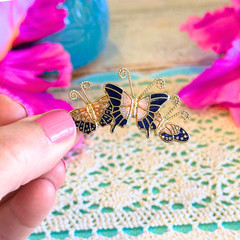 Vintage Butterfly Brooch Gold Tone Blue Enamel Style Acrylic Pin Cloisonne Style