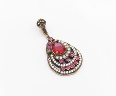 925 Sterling Silver Vintage Red Topaz Cubic Zirconia & Ruby Pendant PT6287