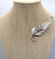 Vintage Silver-Tone Textured Feather Brooch Satin Finish 3.5 Inches Long