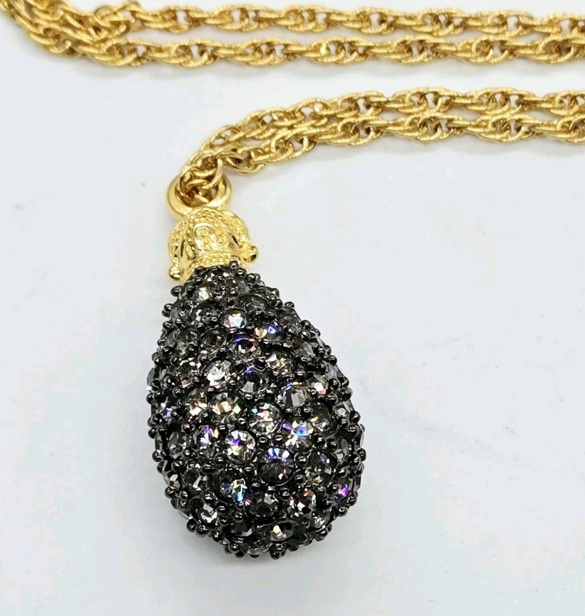 Joan Rivers Egg Pendant Necklace Grey Crystal Gold tone Chain Retired 28 in