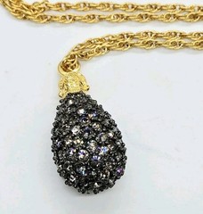 Joan Rivers Egg Pendant Necklace Grey Crystal Gold tone Chain Retired 28 in