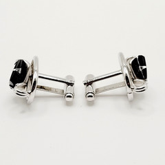 Western Style Deep Black Onyx Open Metal Silver Tone Fancy Formal Cufflinks