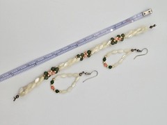 Vintage Mother of Pearl Rice Bead Braided Bracelet & Earrings Set Coral Jade…