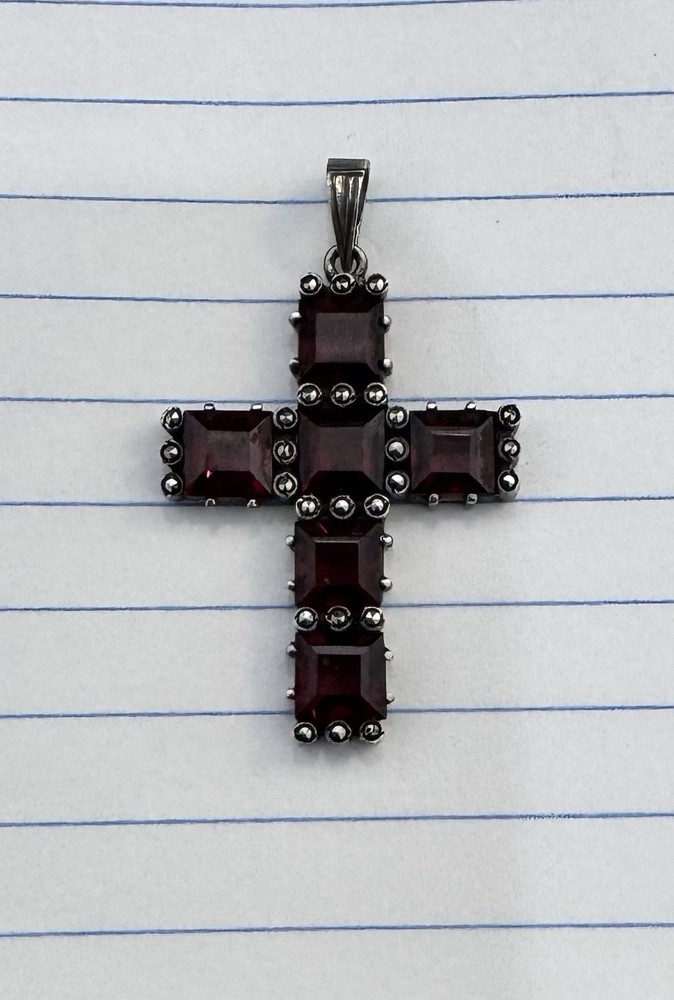 Vintage German 935 Silver Bohemian Garnet Cross Pendant Art Deco w/ Marcasite ￼