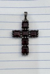 Vintage German 935 Silver Bohemian Garnet Cross Pendant Art Deco w/ Marcasite ￼